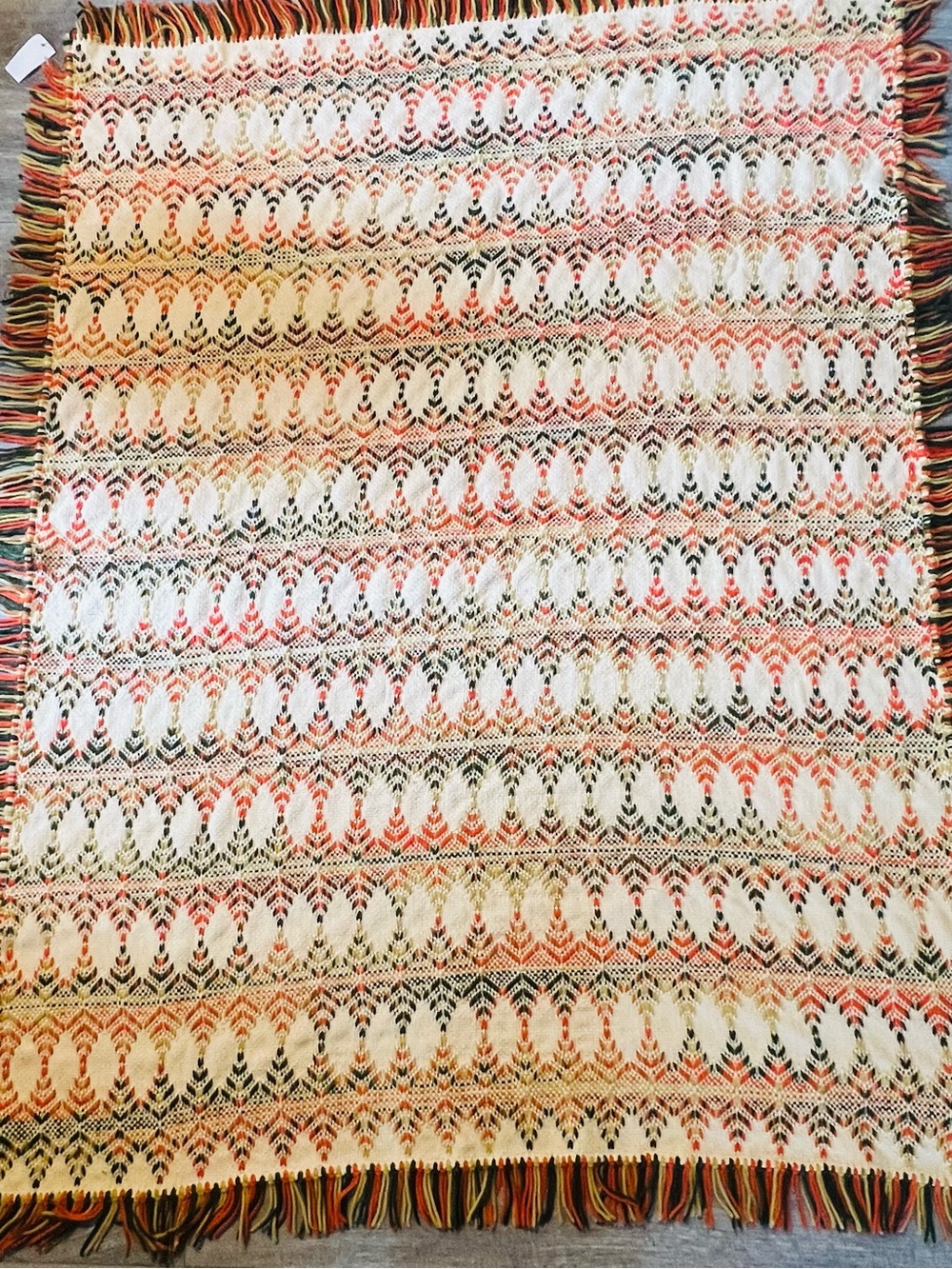 70s Embroidered Chevron Throw  Green, Orange, Gold Fringe Sofa Hanging Vintage